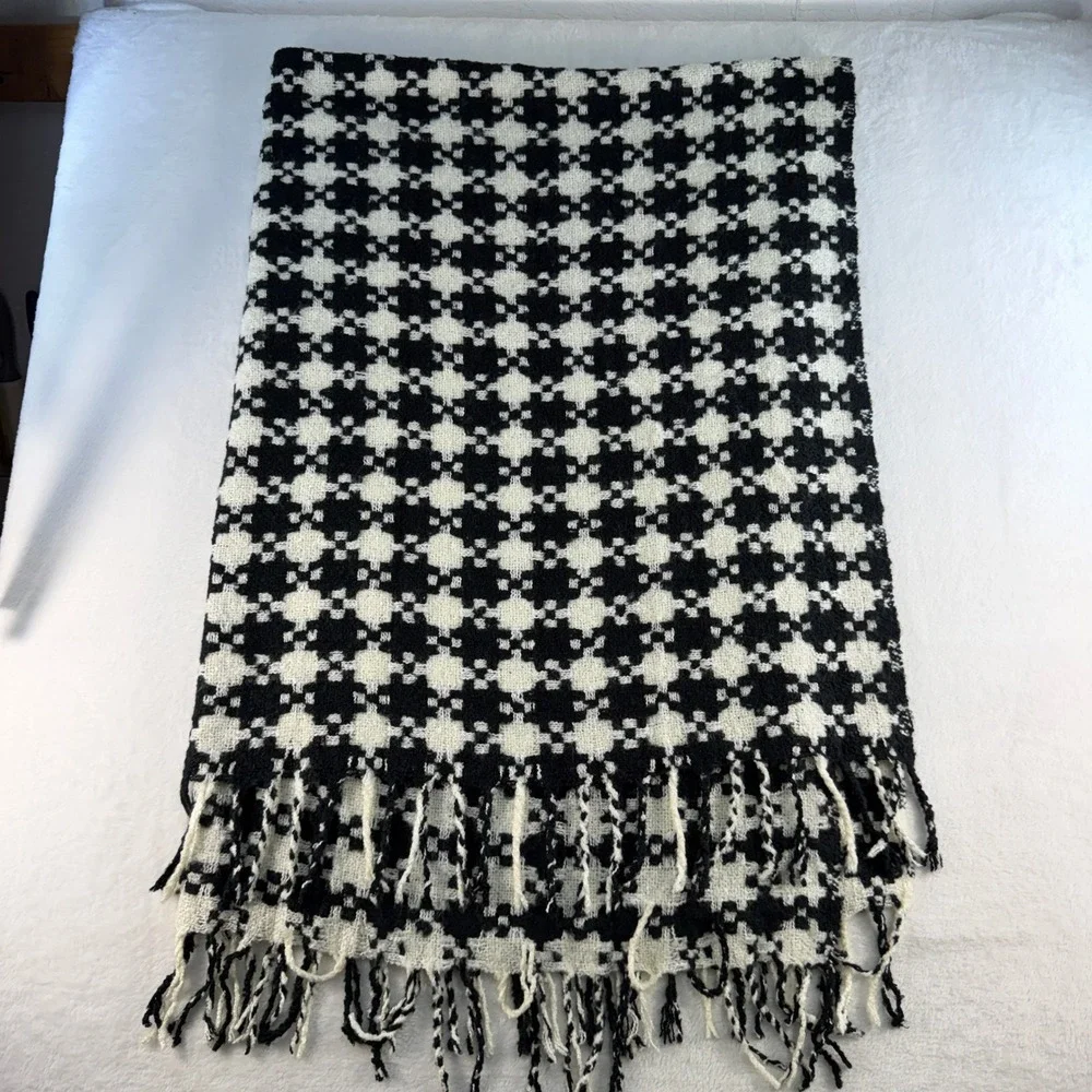 MacKenzie Childs Houndstooth Throw Blanket Fringe Black Ivory‎ 51
